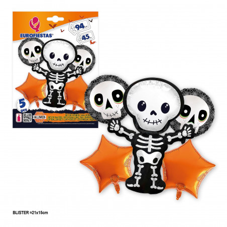 Palloncini foil Halloween scheletro e stelle set 5 pezzi