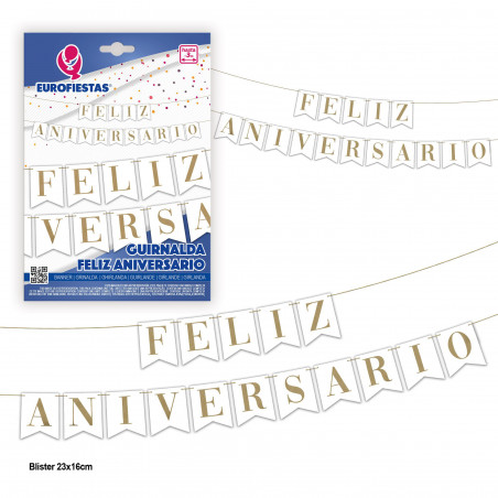 Ghirlanda con bandierine felice anniversario bianco e oro