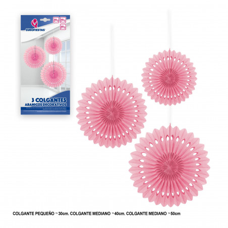 Set di 3 pomponi rosa decorativi da appendere.