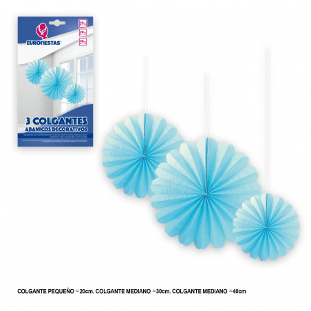 Set di 3 pompon decorativi celesti da appendere.