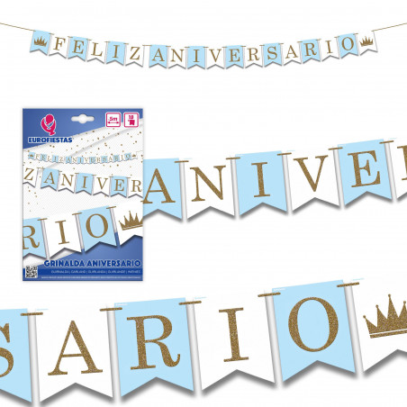 Ghirlanda Buon Anniversario Blu Bianco Glitter Oro