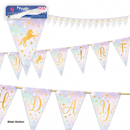Ghirlanda felice compleanno unicorno oro sfondo toni