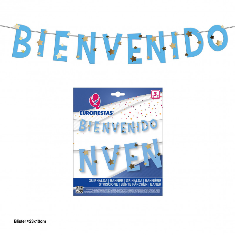 Ghirlanda di benvenuto blu con stelle oro metallizzato.