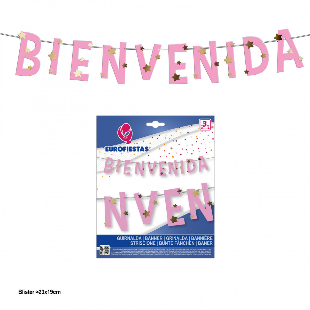 Ghirlanda di benvenuto rosa con stelle oro metallizzato.