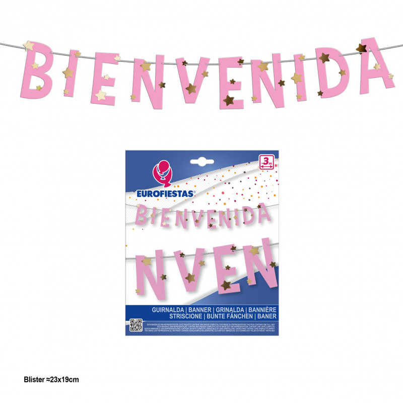 Ghirlanda di benvenuto rosa con stelle oro metallizzato.