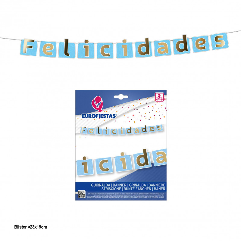 Ghirlanda felicità bandierine blu con lettere oro metallizzato
