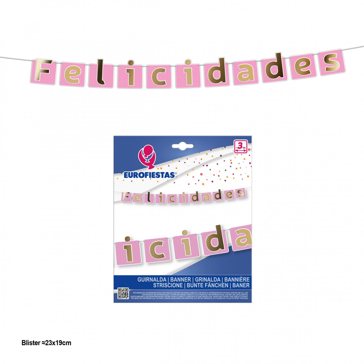 Ghirlanda auguri bandierine rosa con lettere oro metallizzato