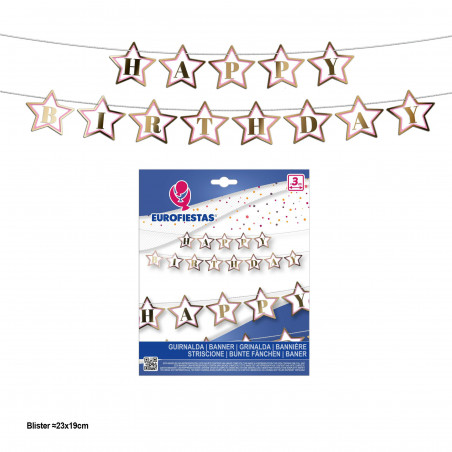 Ghirlanda happy birthday bandierine stella bordo rosa e oro metalizzato