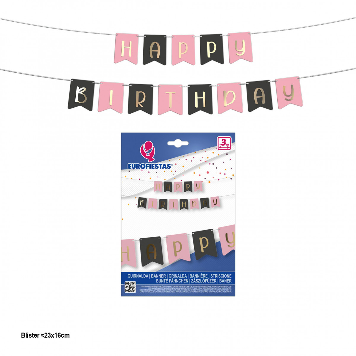 Ghirlanda di buon compleanno con bandierine rosa e grigie con lettere oro metallizzato.