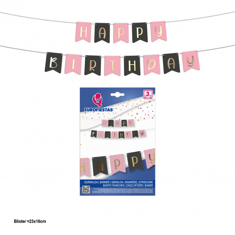 Ghirlanda di buon compleanno con bandierine rosa e grigie con lettere oro metallizzato.