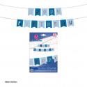 Ghirlanda di compleanno bandierine azzurro cielo e blu reale con lettere oro metallizzato.