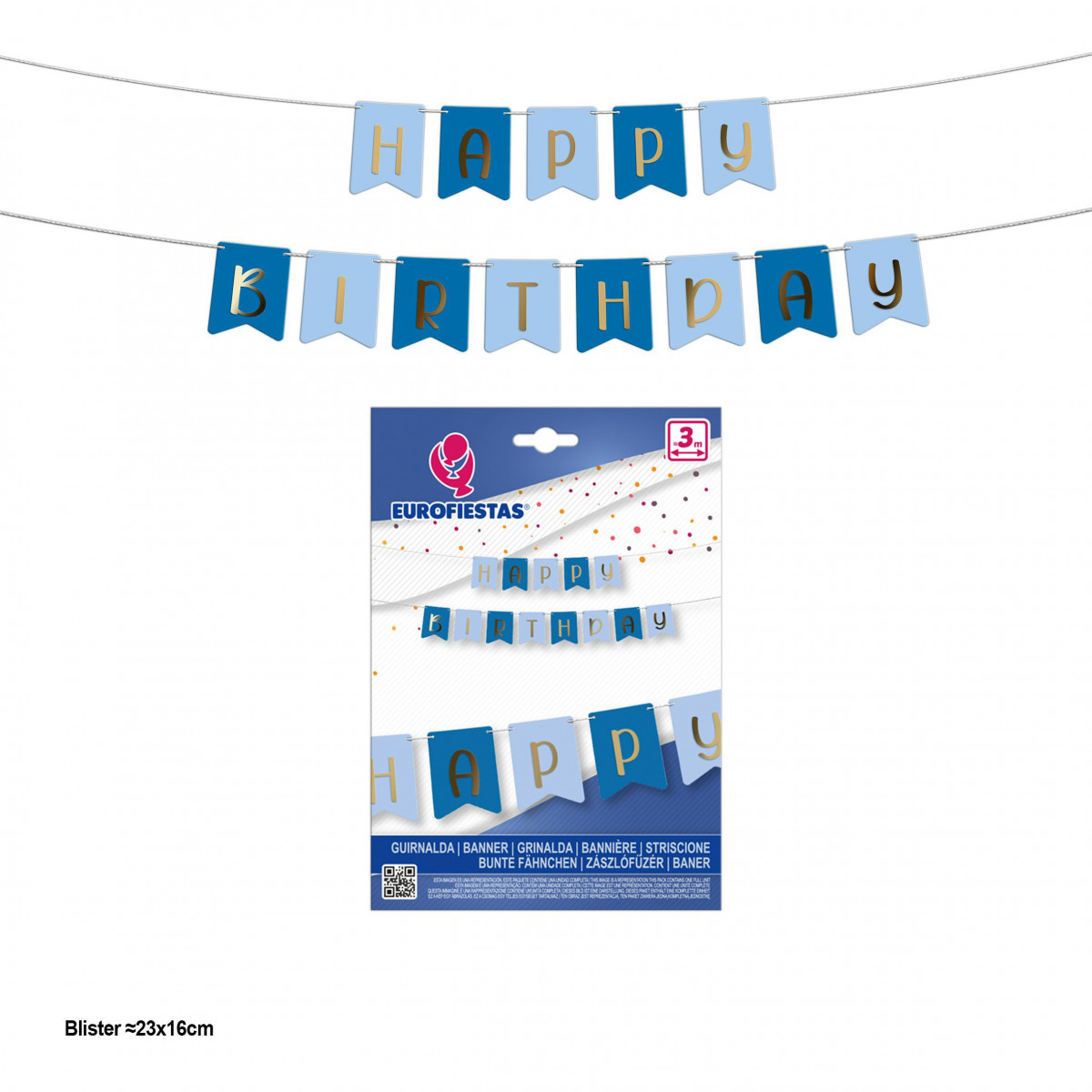 Ghirlanda di compleanno bandierine azzurro cielo e blu reale con lettere oro metallizzato.