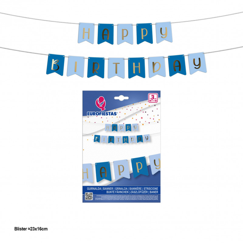 Ghirlanda di compleanno bandierine azzurro cielo e blu reale con lettere oro metallizzato.