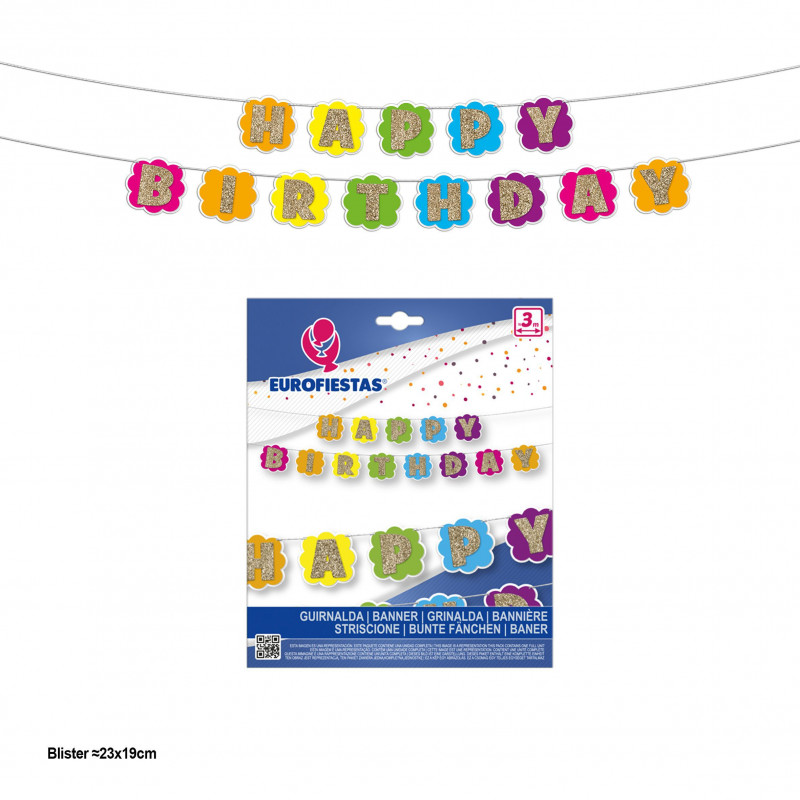 Ghirlanda di buon compleanno con gagliardetti a forma di fiore e lettere glitterate dorate