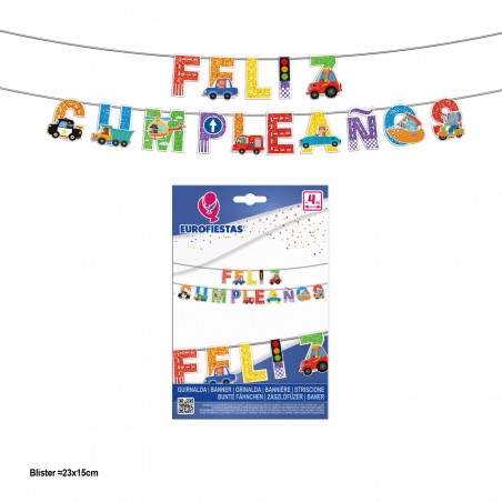 Ghirlanda felice compleanno veicoli e traffico con glitter