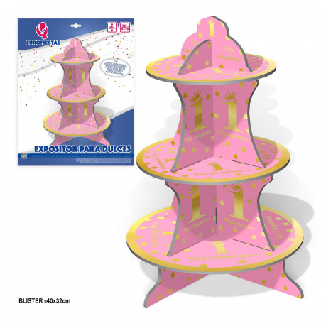 Espositore dolci felice 1 compleanno. rosa