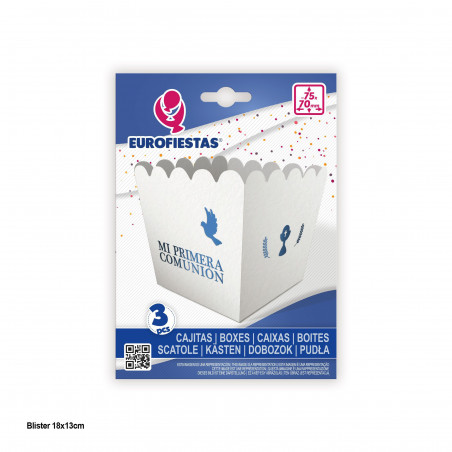 Scatola popcorn piccola 3pz comunione blu colombe