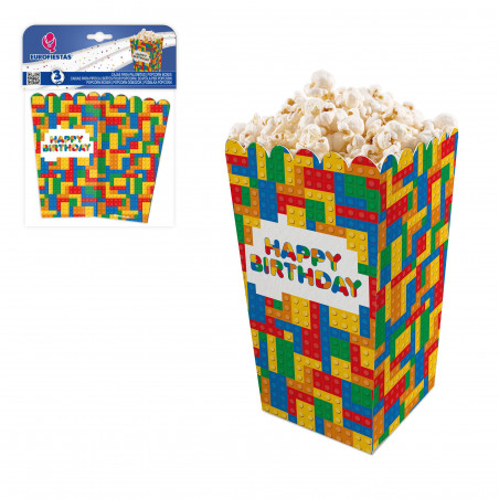 Scatole per Popcorn "Happy Birthday" con Design di Blocchi Pack da 3 Unità