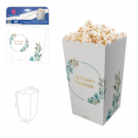 Le mie scatole per popcorn per la prima comunione sono eleganti, con dettagli dorati e foglie.