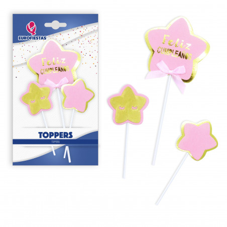 "Topper felice compleanno stelle rosa"