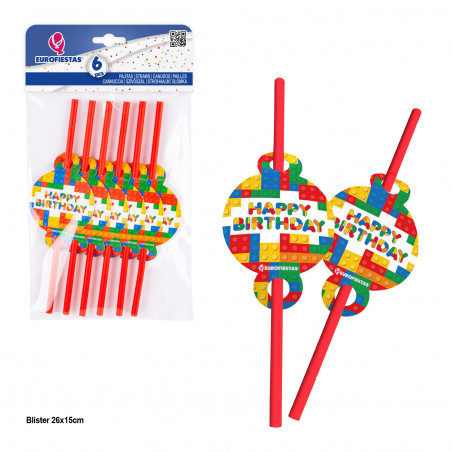 Cannucce Buon Compleanno con Design a Blocchi Confezione da 6 Pezzi