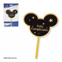 Topper felice compleanno orecchie nere e oro
