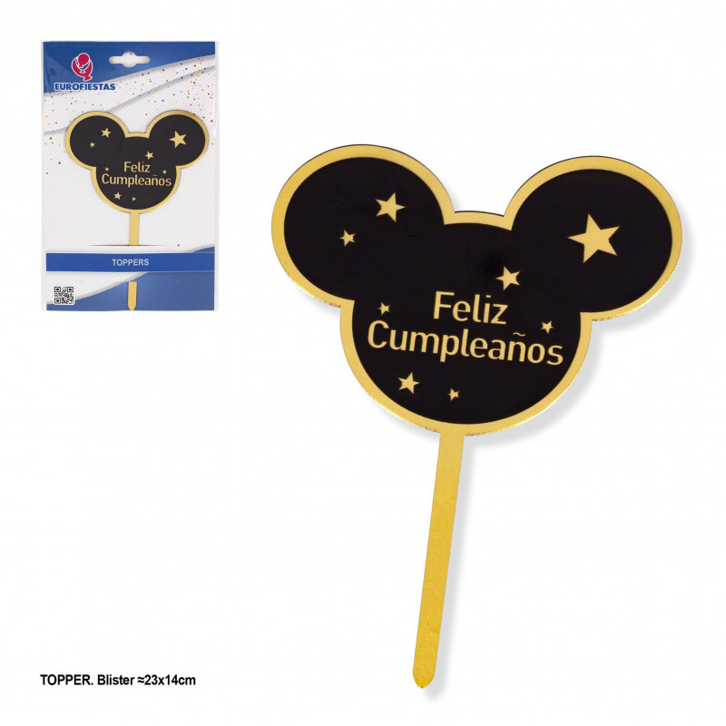 Topper felice compleanno orecchie nere e oro