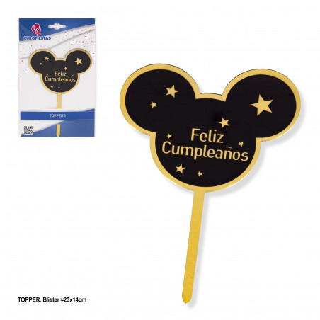 Topper felice compleanno orecchie nere e oro