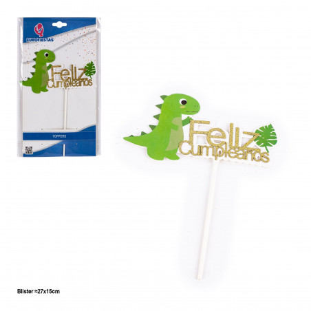 Topper dinosauro felice compleanno foglia verde