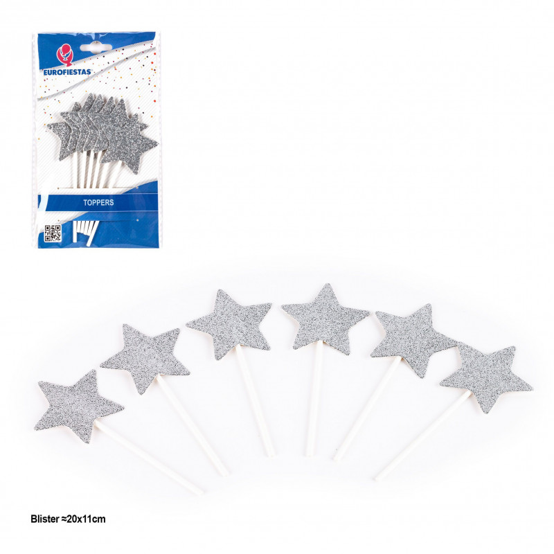 Topper stelle glitter argento 6pz