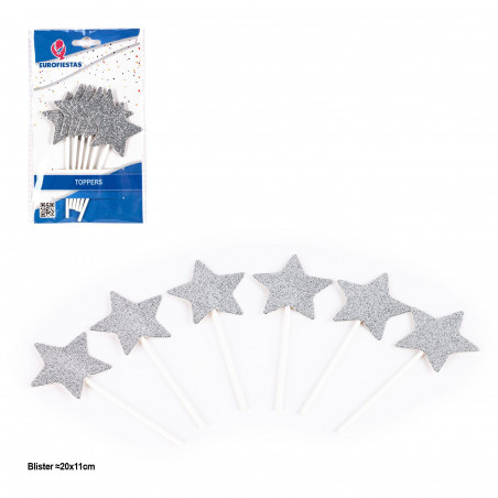 Topper stelle glitter argento 6pz