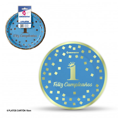 Piatto 18cm collezione happy 1° compleanno blu
