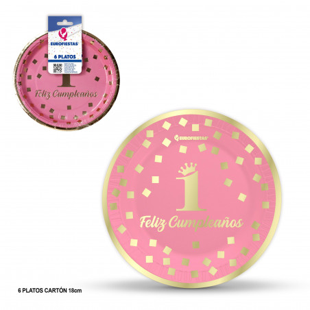 Piatto 18cm collezione happy 1° compleanno rosa