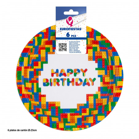 Piatti di carta con design a blocchi di buon compleanno, confezione da 6