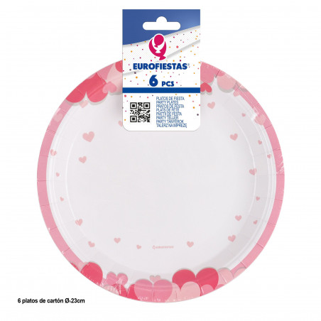 Piatto 6pz 23cm cuori rosa cavolo amore