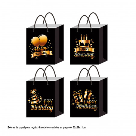 Sacchetto regalo nero buon compleanno con motivi vacanza metallo oro 32x26x11 cm med 4ms