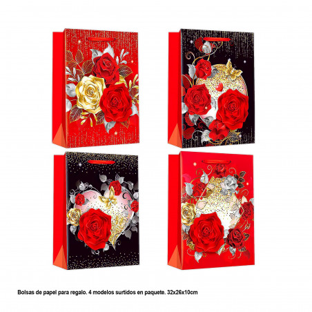 Sacchetto regalo san valentino fiori con oro 32x26x10cm 4ms med