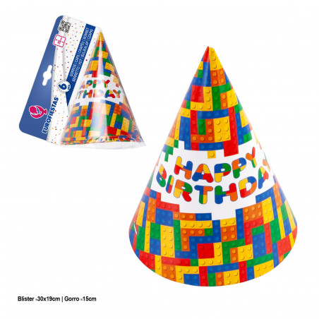 Cappellini da festa con design a blocchi di buon compleanno - Confezione da 6