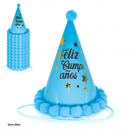 Cappello felice compleanno stelle pompon blu