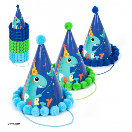Berretto 20 cm blu dinosauri festa pomponi