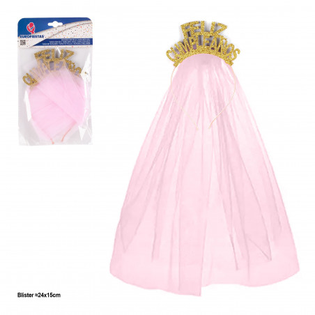 Cerchietto glitterato con velo rosa "Happy Birthday"
