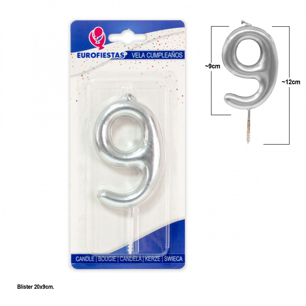 Candela molto grande del numero 9 in colore argento