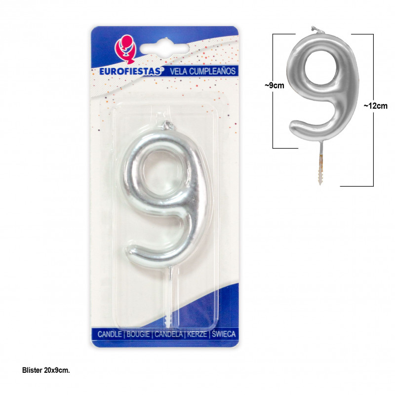 Candela molto grande del numero 9 in colore argento