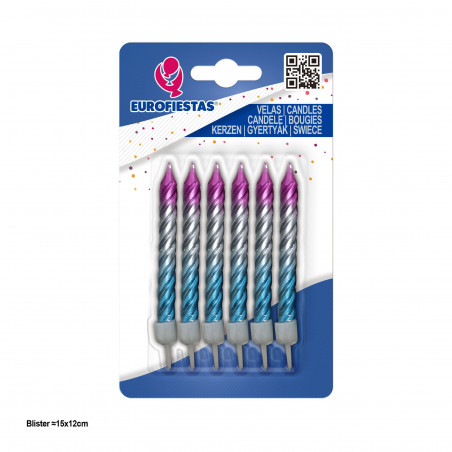 Candele classiche arricciate degradato rosa argento blu 6pz