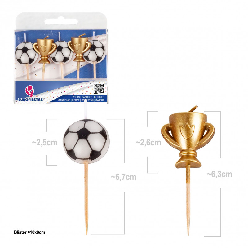 Candele decorative a forma di pallone da calcio e trofeo, confezione da 5, per torte e feste a tema