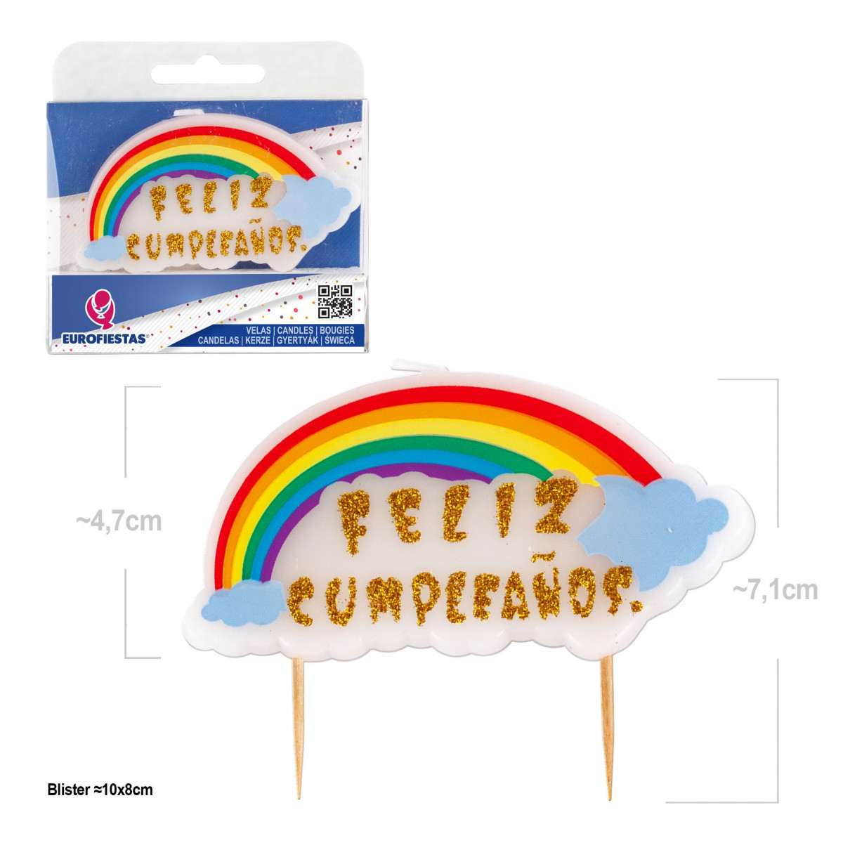Candela a forma di blocco Happy Birthday con arcobaleno e nuvole