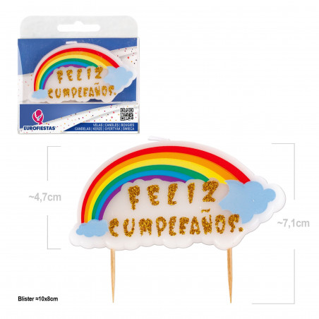 Candela a forma di blocco Happy Birthday con arcobaleno e nuvole
