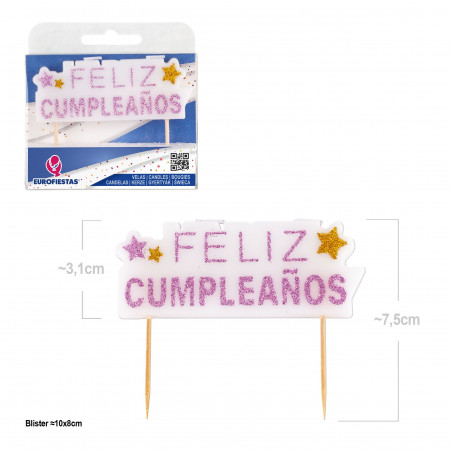 Candela a forma di blocco "Happy Birthday" in glitter rosa e oro