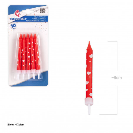 Candele cilindriche rosse cuori bianchi 10pz