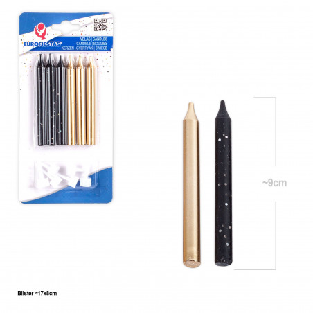 Candele cilindriche nere e dorate 6pz